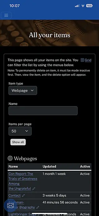 Mobile all items list
