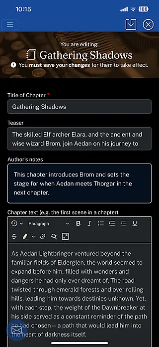 Mobile chapter edit form