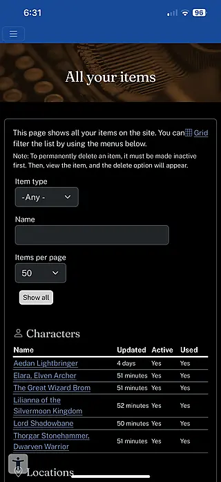 All items page